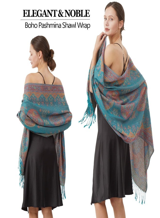Nonakgado Turquoise Pashmina Scarf-Ladies Boho Jacquard Pashmina Wraps and Shawls for Travel Spring Fall Winter(Sy4-Turquoise) - Image 2